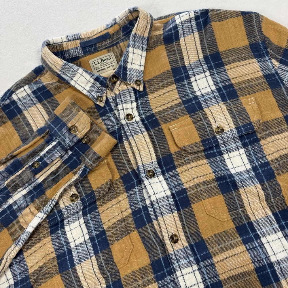 LL Bean 1912 Field Flannel Shirt Mens XL Slightly Fitted Khaki Blue White Plaid